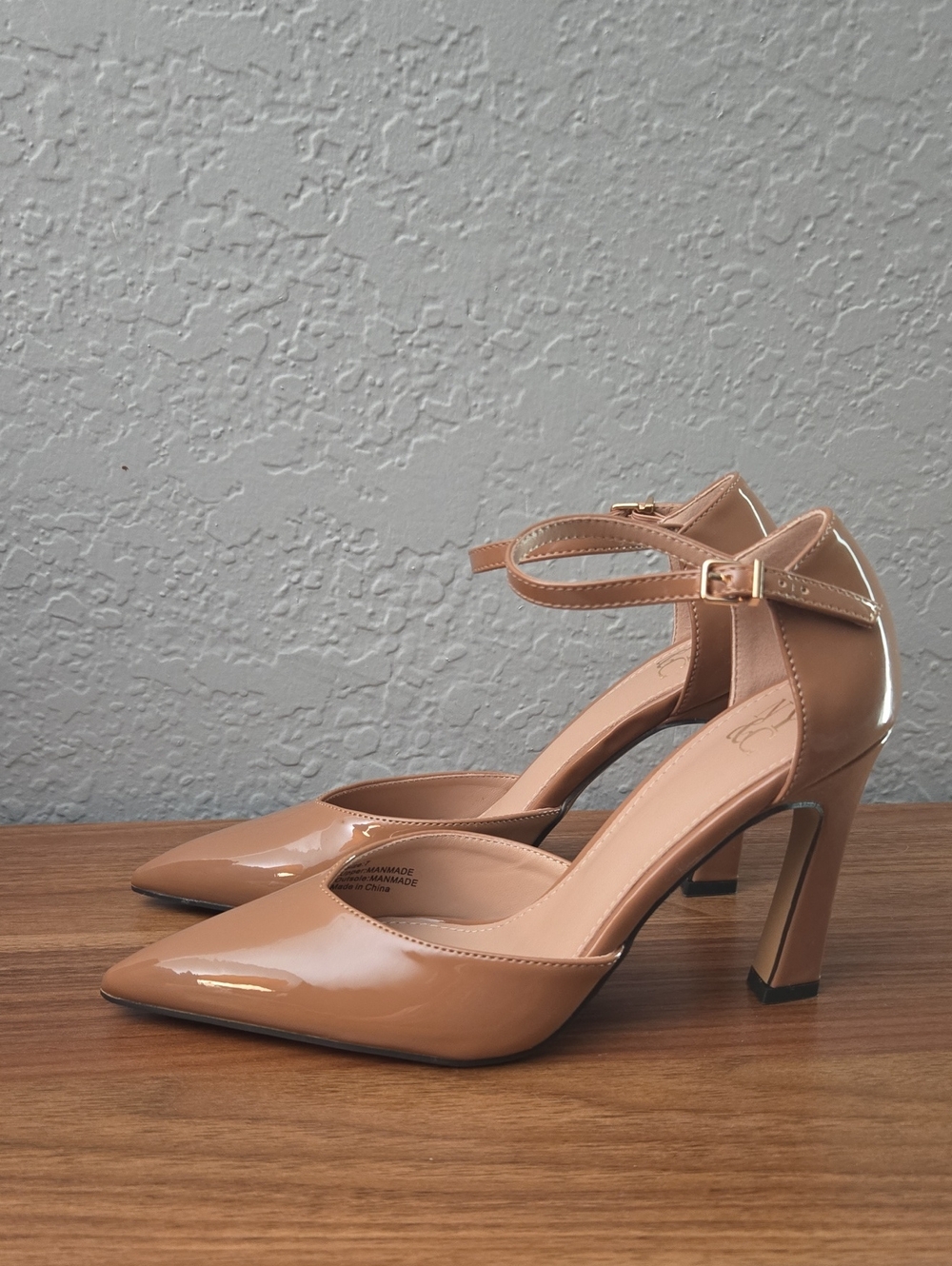 NY Collection Nude Patent Leather Ankle Strap Heels